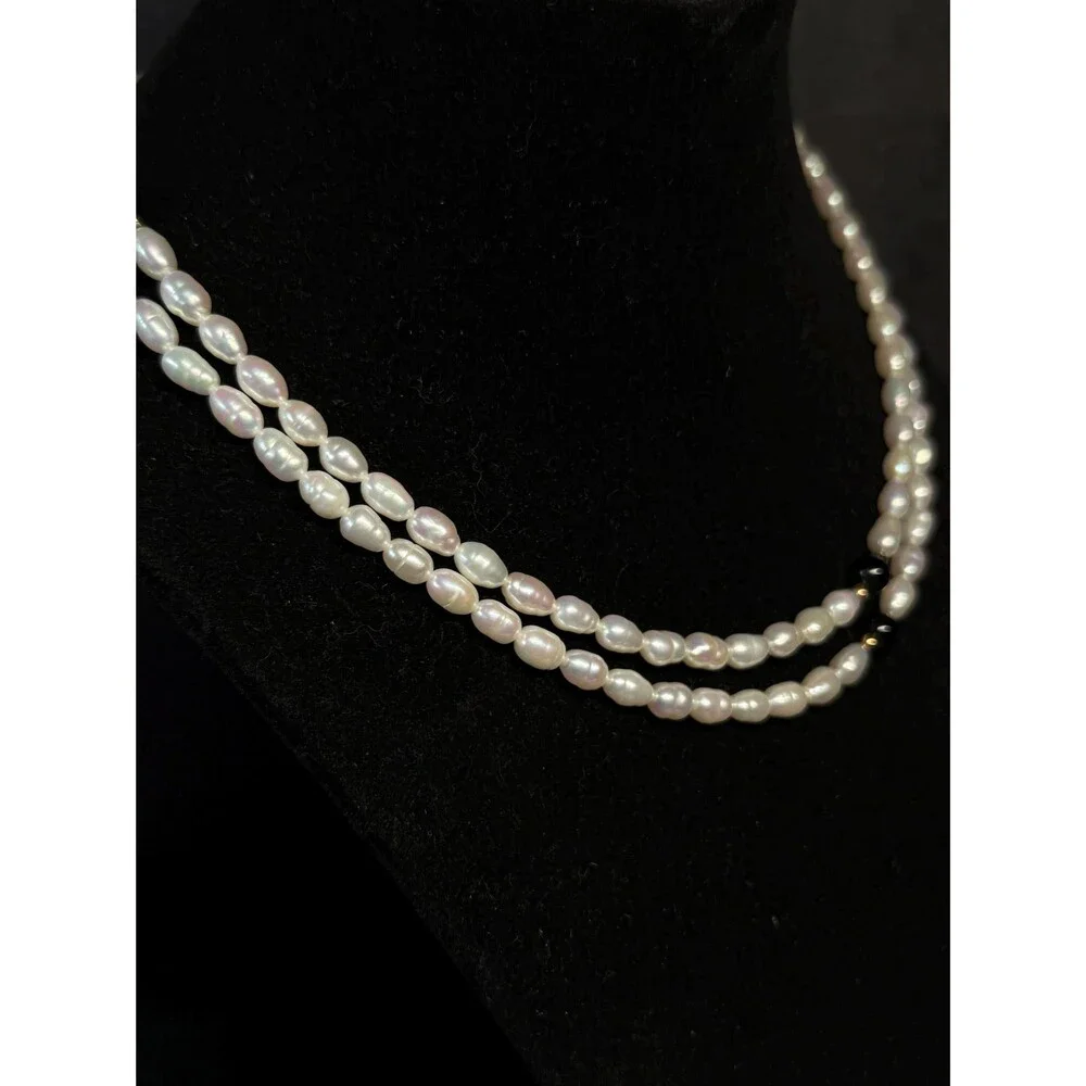 14K Gold Freshwater Pearl Onyx Endless Necklace 33 Inch 28.5g